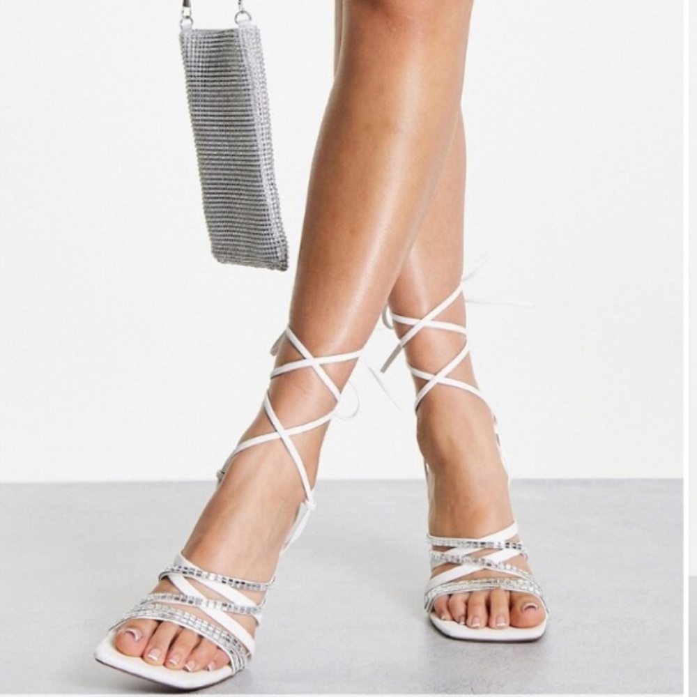 ASOS DESIGN-Wide Fit Nina Embellished Strappy Tie Leg Sandals-Size: 9-White-NEW!